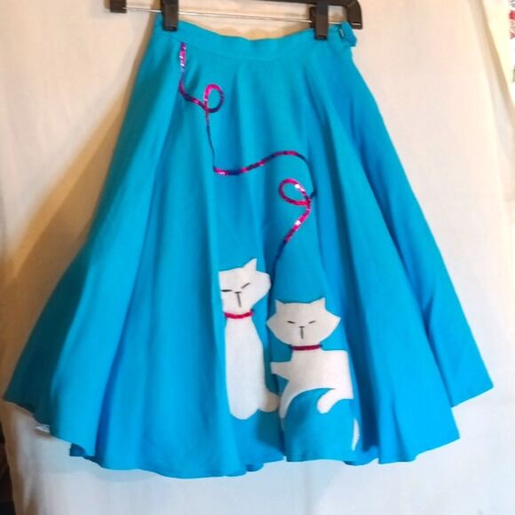 Vintage 50's Rockabilly Unbranded Handmade  Pinup Retro Kitty Cat Circle Skirt S - Picture 1 of 9